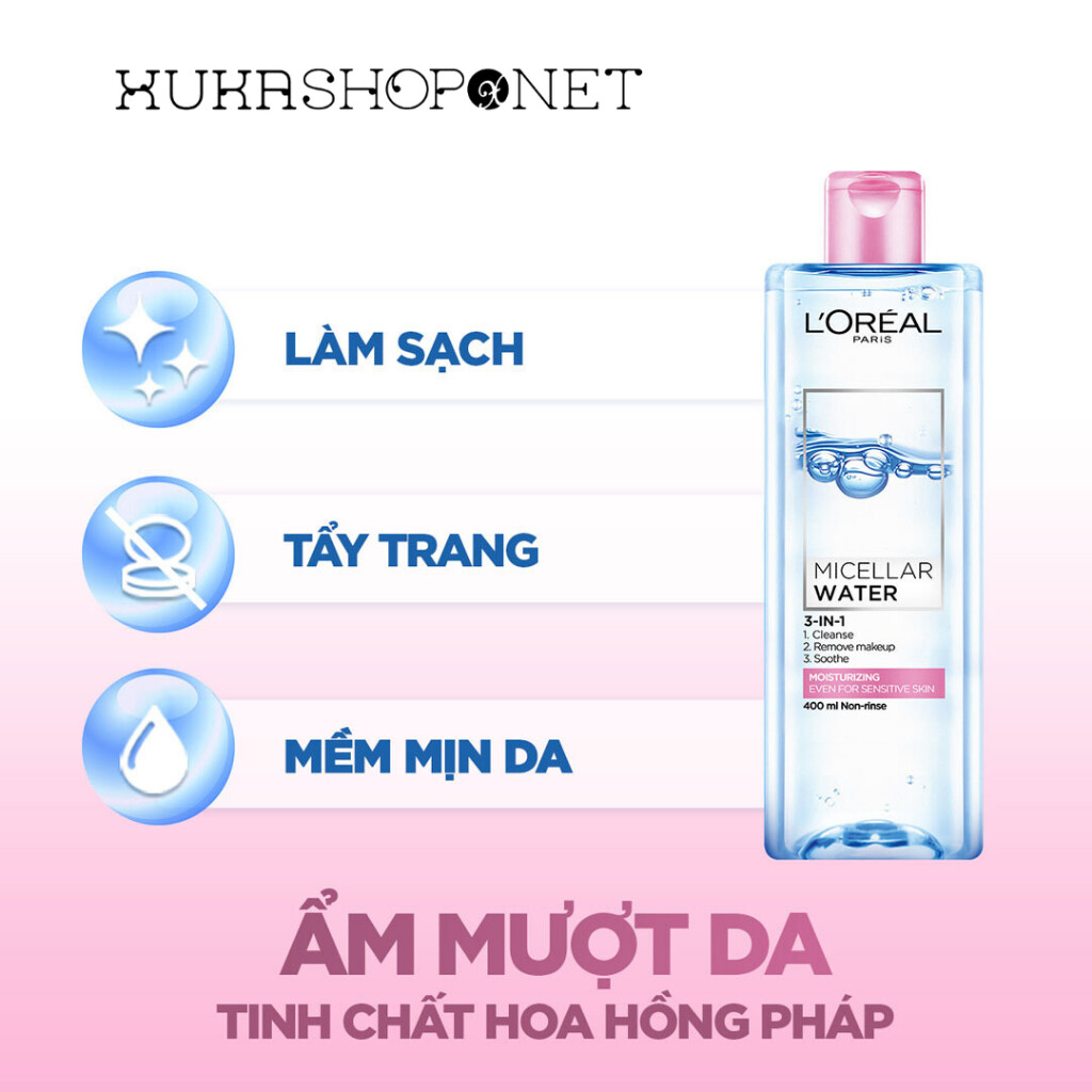 Nước tẩy trang l’oreal paris 3 in 1 micellar water làm tươi mát da 400ml chính hãng