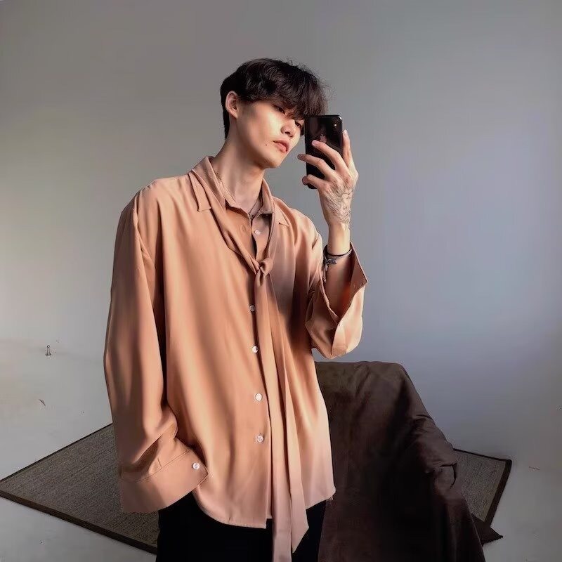 KYUSHUAD Men's shirt INS jacket long sleeve shirt Lightweight Long Sleeve Solid Shirt