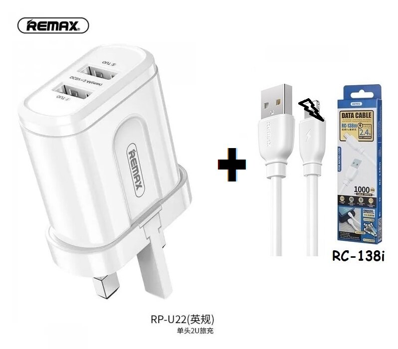Original Remax Fast Charger RP-U22 Dual USB Port Adapter With Cable ...