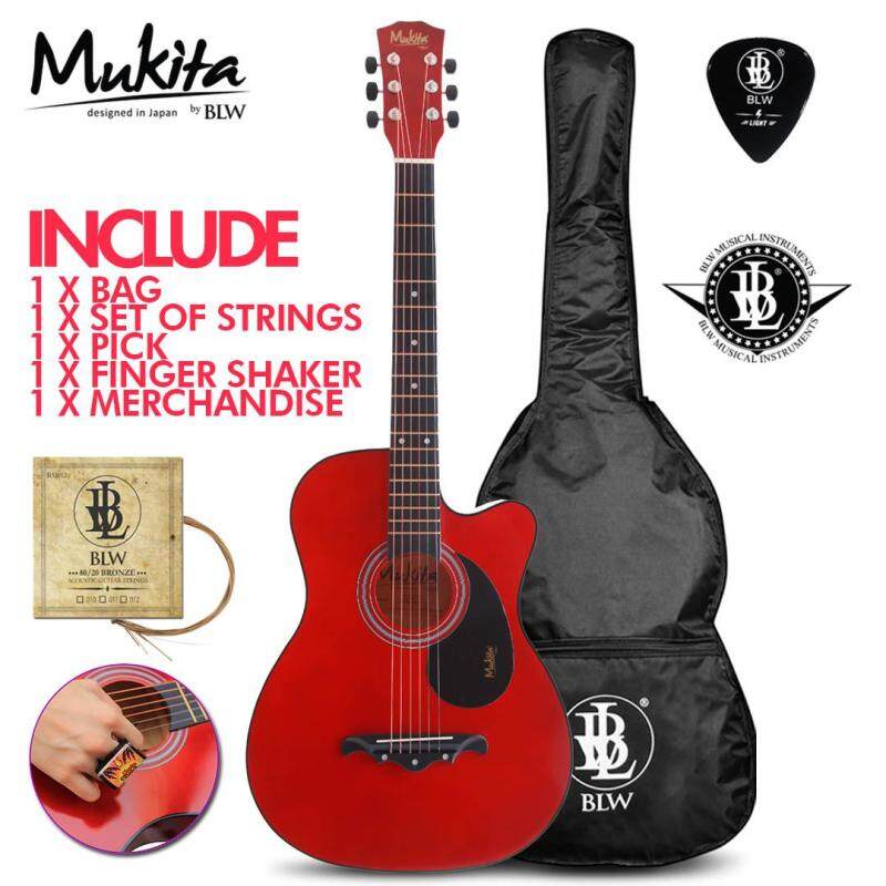 Mukita by BLW Standard Acoustic Folk Cutaway Basic Guitar Package 38 Inch for beginners with Bag, Pick, Finger Shaker and Merchandise Sticker (Crimson Red) Malaysia