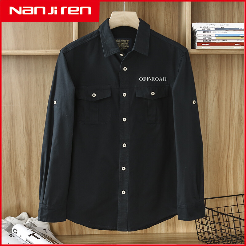 Nanjiren Men's New Military Long sleeved Shirt Men's Casual Fashion Pure Cotton Work Shirt