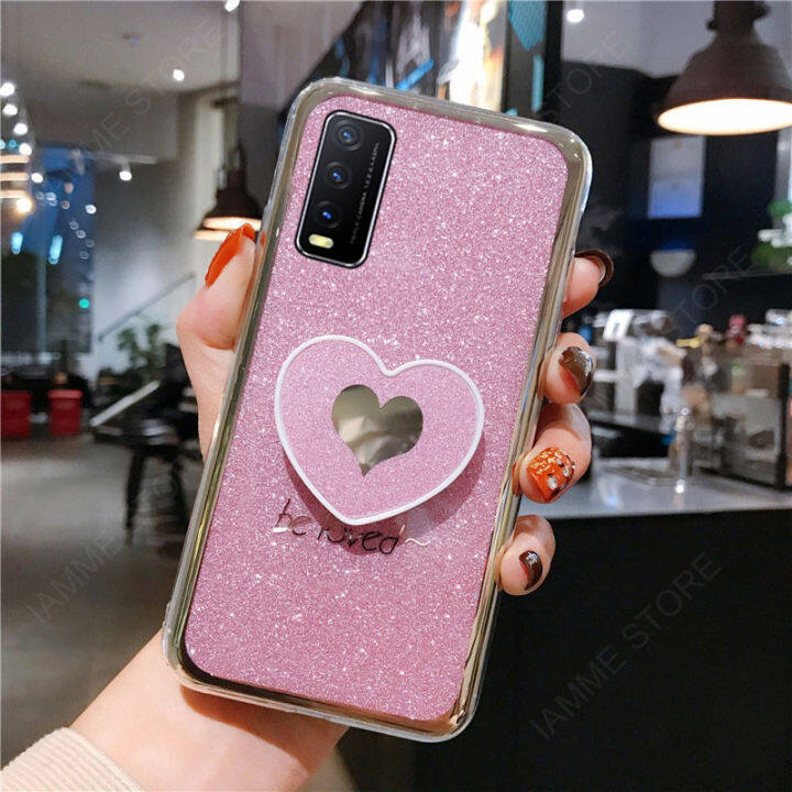 For Vivo Y20s Case With Love Heart Stand Holder Fashion Bling Glitter Plating Heart Pattern Phone Cases Hard Back Cover Soft Silicone Bumper Shockproof Casing Cover Women Ladys Girl Lazada