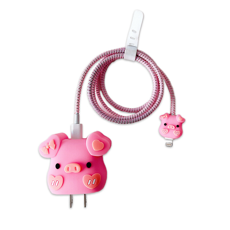Kawaii Cartoon Pink Pig Cable Protector for Apple 18W 20W Charger Data Line Cover Sleeve Whole Set with Cable Bite Cable Mobile Phone Charger Head Protection Case