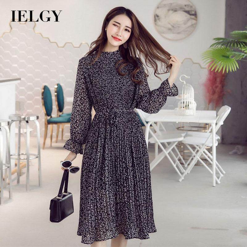 IELGY Women's clothes fashion floral versatile chiffon simple long sleeves loose dress printed