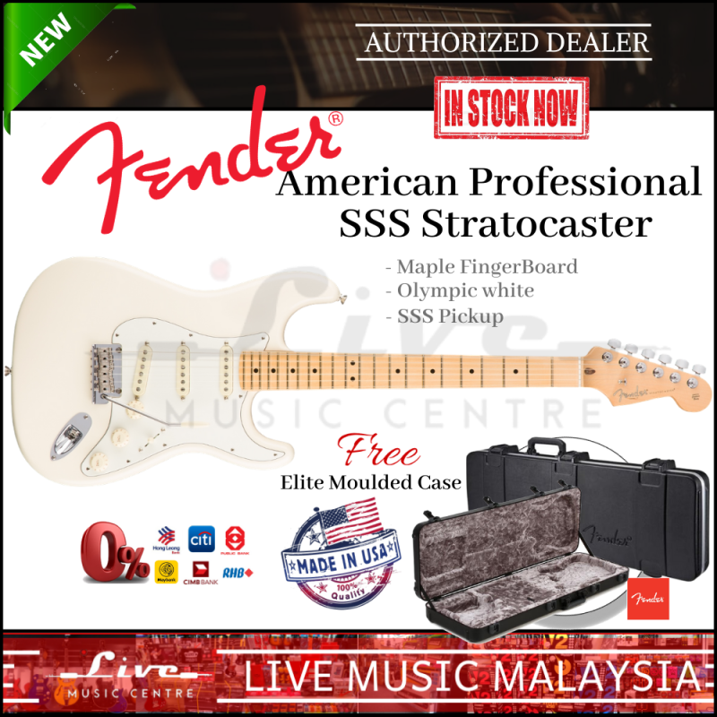 Fender American Professional SSS Stratocaster Electric Guitar, Maple Fretboard with FREE Elite Moulded Case, Olympic White Malaysia