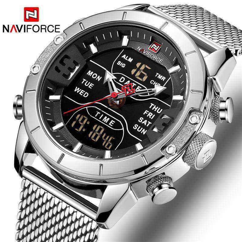 NAVIFORCE Top Brand Luxury Fashion Mens Stainless Steel Mesh Belt Watches Men Casual Sports Waterproof LED Digital Timer Watch Men Classic Quartz Clock Dual Display Time Zone Multi-Function Watch Malaysia