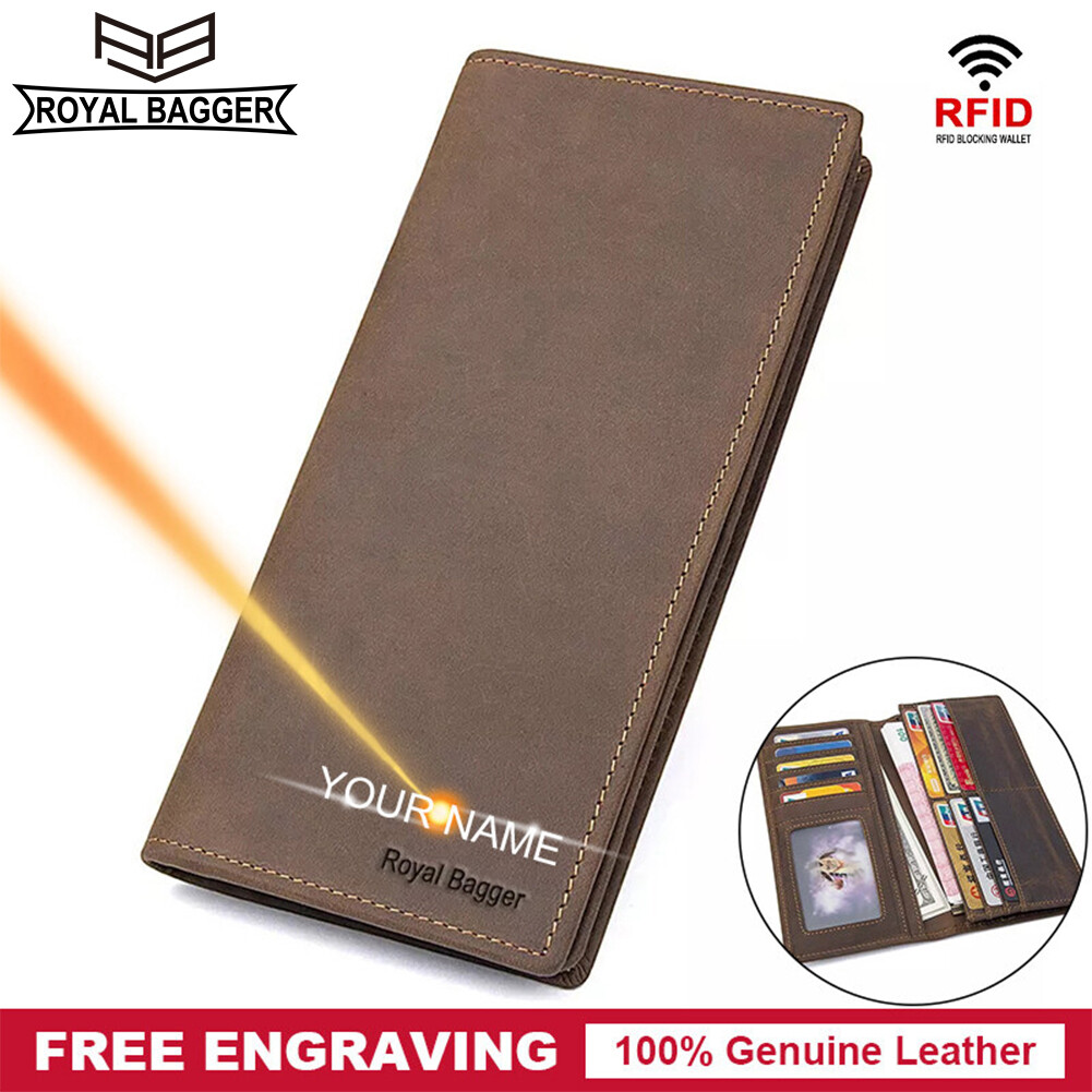Royal Bagger Rfid Retro Europe Long Wallet For Men Genuine Cow Leather Crazy Horse Leather Male Business Casual Phone Bag Purse Card Holders Slim Wallets