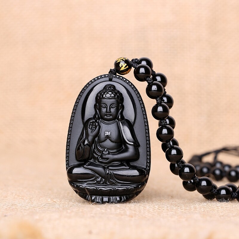Natural Obsidian Native Buddha Necklace Male Great Power to Bodhisattva Zodiac Horse Guardian God Fudo King Tiger Year Pendant