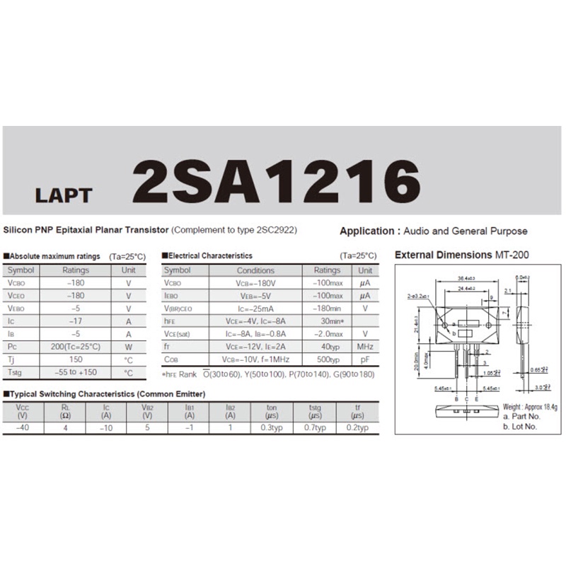 1 cặp gốc SANKEN Transistor 2SC2922 2sa121 6 tranzito Công suất MT-200