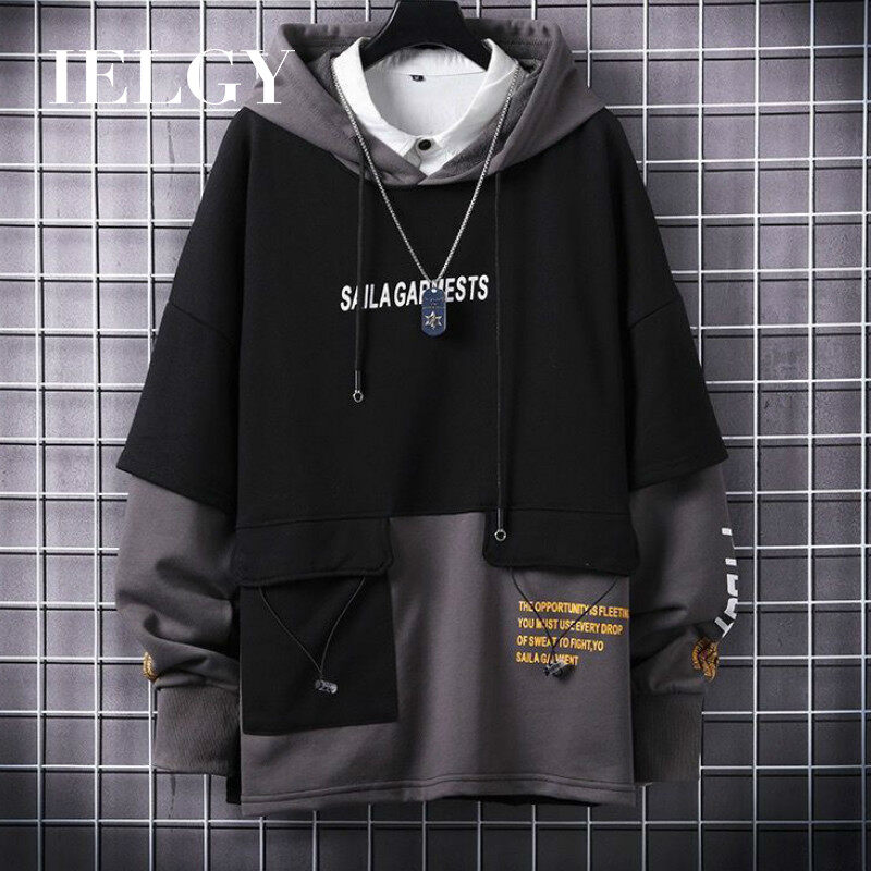 IELGY spring and autumn hooded stitching sweater men's Korean version of the trend of loose hip-hop jacket ins tide brand long-sleeved top clothes