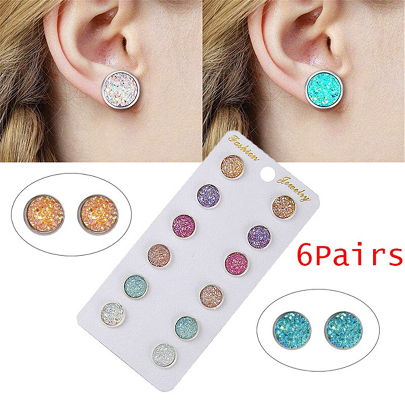 6 Pairs / Set Colorful One Week Druzy Resin Round Shape Piercing Stud Earrings for Women Earrings Set Fashion Jewelry Party Gift