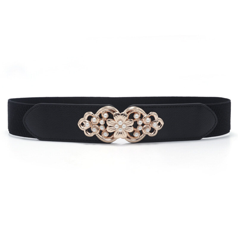 Pearl Inlaid Dress Belt for Women Elastic Nylon Wide Ladies Waist Belt Gold Flower Buckle Female Corset Belts White Black