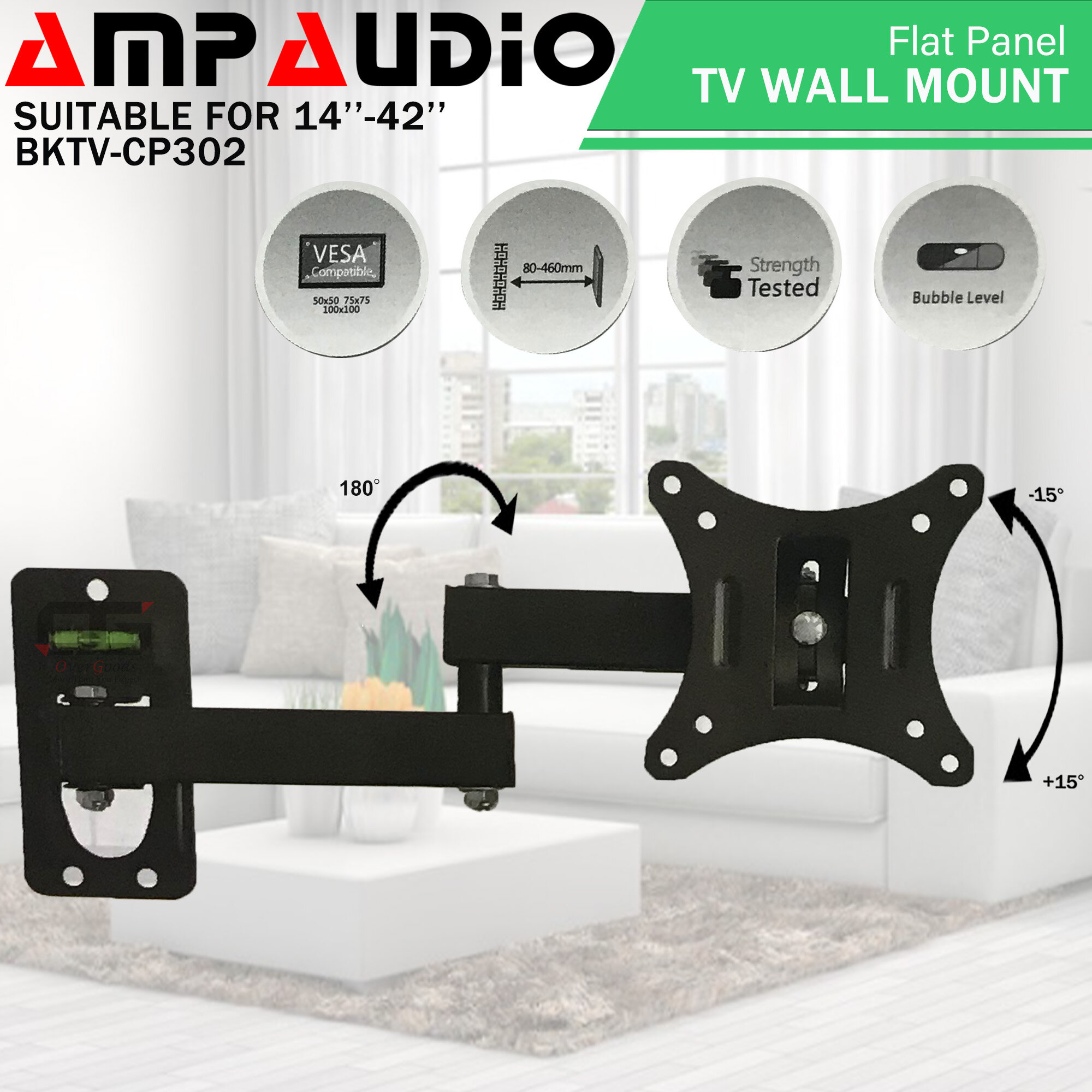 14''42'' Adjustable Tilt 15°+15° Swivel 180° TV Wall Mount Bracket