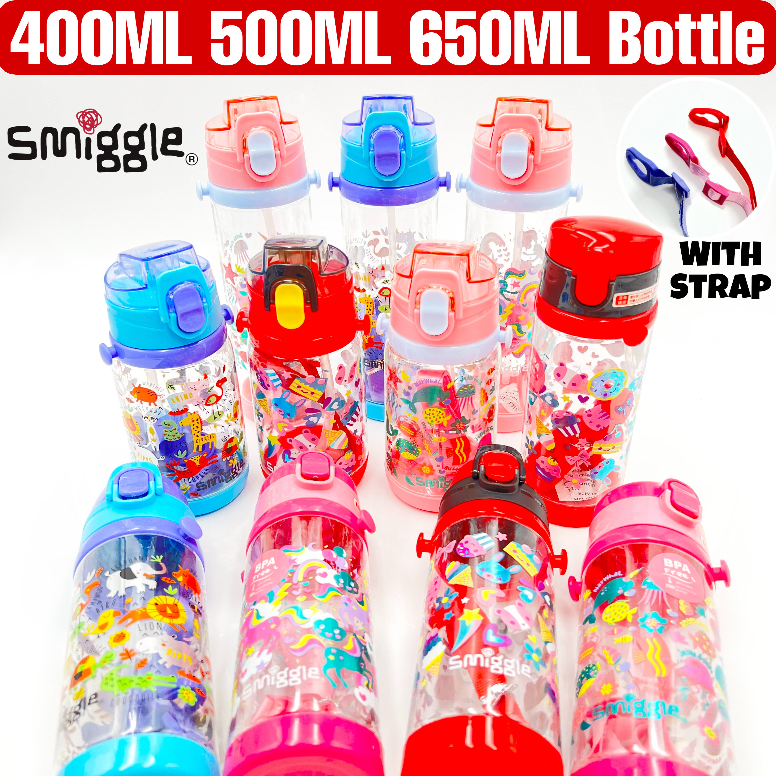 400ml 500ml 650ml Smiggle Water Bottle With Straw Kids Cartoon Drinking