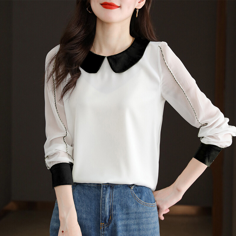 OULINNA 2023 Embroidery Contrast Panel Satin Doll Neck Long Sleeve Chiffon Women's Blouse Foreign Style Slim Top