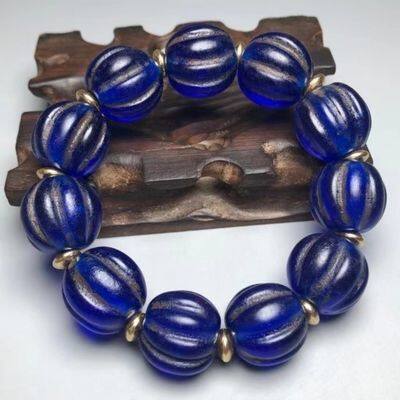Antiques Miscellaneous Buddha Beads Hand String Colored Glass Hand String Blue Glazed Melon Beads Diameter 20mm