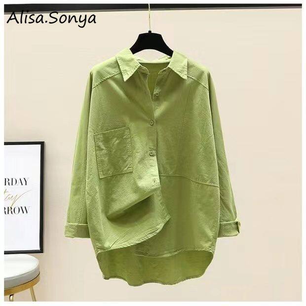 Alisa.Sonya Áo Sơ Mi Trắng Cotton Cho Nữ Áo Cánh Dài Tay Cơ Bản Màu Trơn Cài Cúc Thời Trang Cơ Bản Phong Cách Hàn Quốc Cho Nữ
