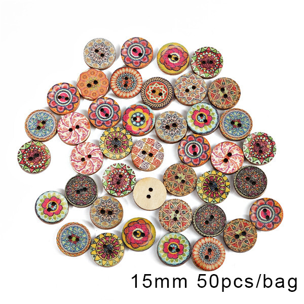15/20/25mm 50pcs Colorful Retro Flowers Pattern Wooden ​Sewing Buttons DIY Crafts Clothing Decoration Scrapbooking Gccessories Sewing Button