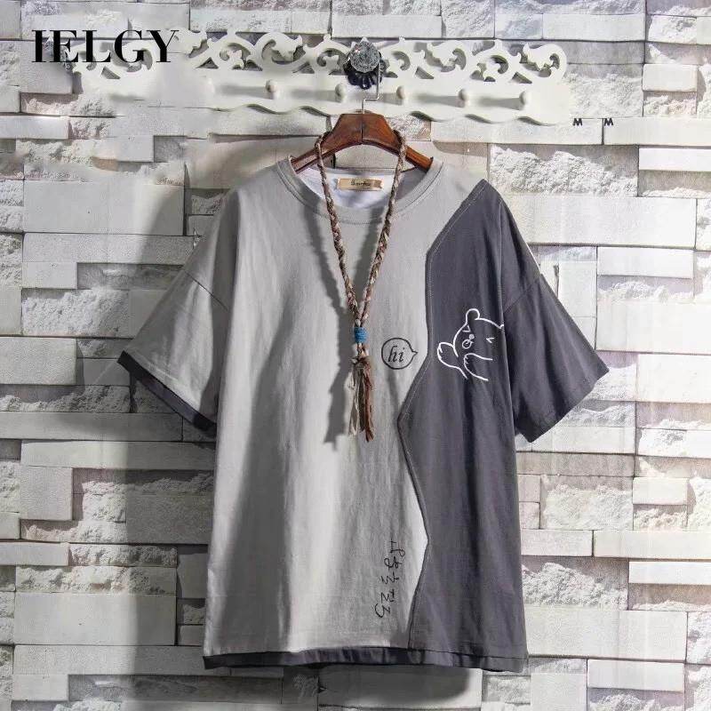 IELGY summer hip-hop stitching color cartoon printing short-sleeved T-shirt boys five-point sleeve youth t-shirt