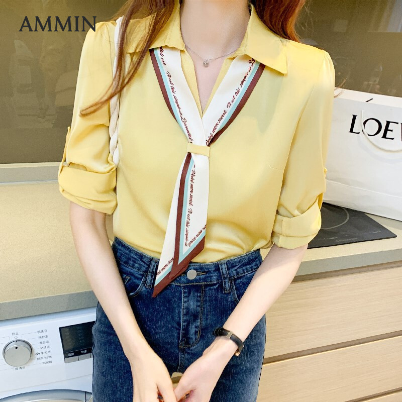 AMMIN 2023 autumn women's bow tie chiffon shirt new long-sleeved top casual office blouse