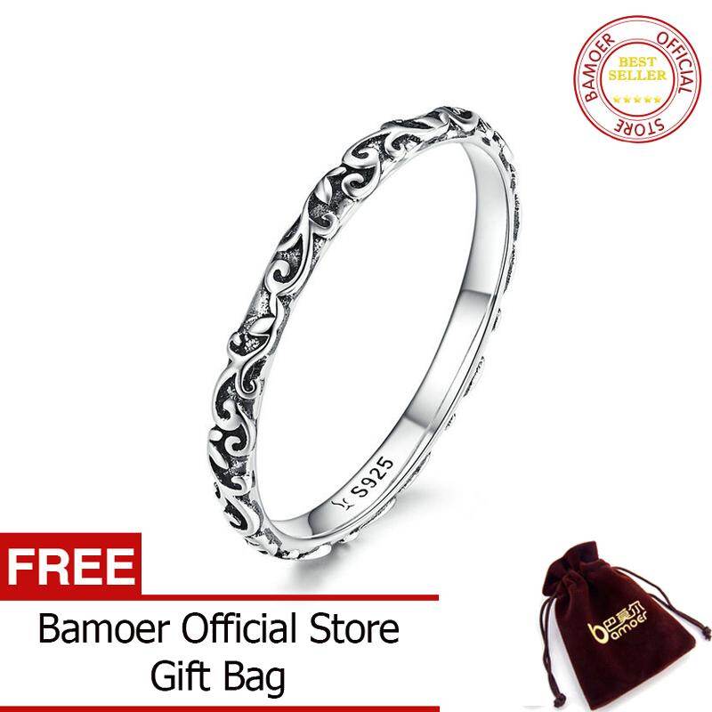BAMOER Engraved Pattern Ring Real 925 Sterling Silver Black Tibetan Silver Small Finger Rings Unisex Fine Jewelry SCR513