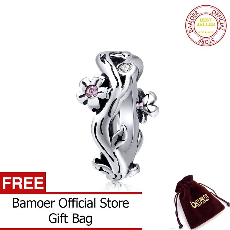 BAMOER Sterling Silver 925 Jewelry Sakura Cherry Blossom Tiny Charm fit Original Snake Bracelet Fashion Jewelry Making SCC1448