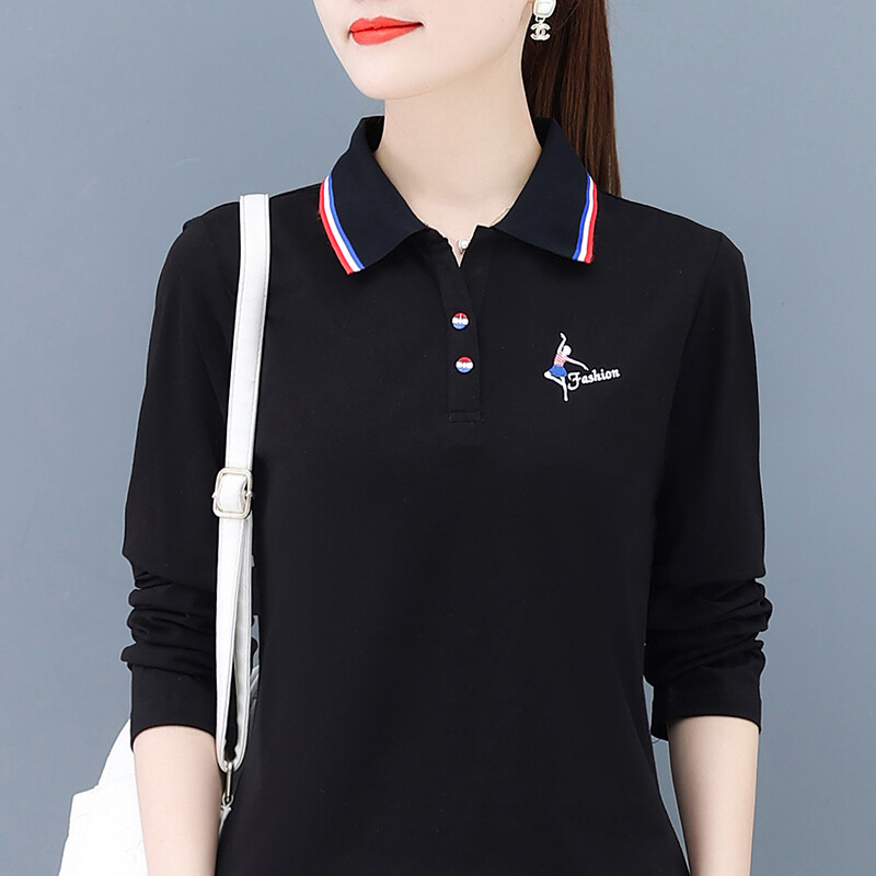 Pure Cotton Long Sleeve Polo Shirt 2021 Women New Lapel Loose Top Embroidery Sport Casual T-shirt