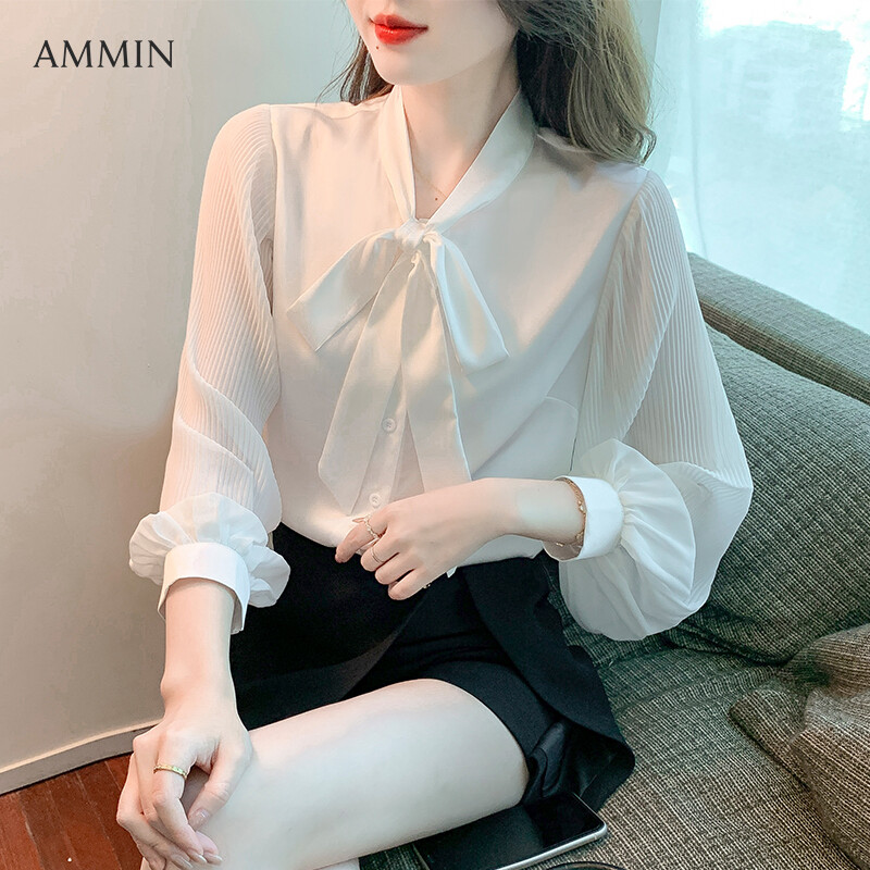 AMMIN spring and autumn new French style V-neck with bow ribbon OL white long-sleeved chiffon shirt Korean style fashion lantern sleeve elegant blouse chic tops