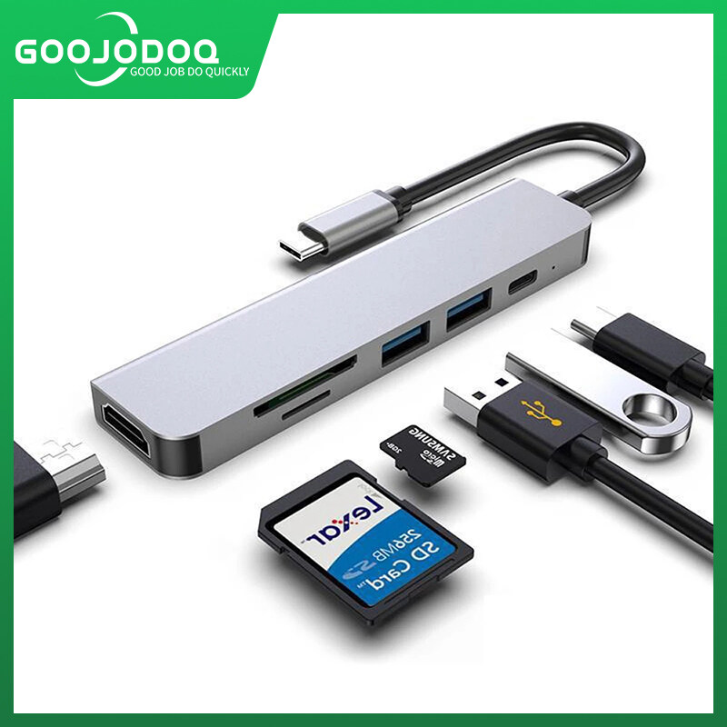 GOOJODOQ USB HUB HDMI USB Type C 6-In-1 Hub 6พอร์ต PD 87W ชาร์จ2พอร์ต USB 3.0 4K HD TF การ์ด SD การ์ดไมโครการ์ดตัวอ่านความเร็วสูงอะแดปเตอร์ Type C 3.0ฮับ USB C สำหรับ MacBook Pro