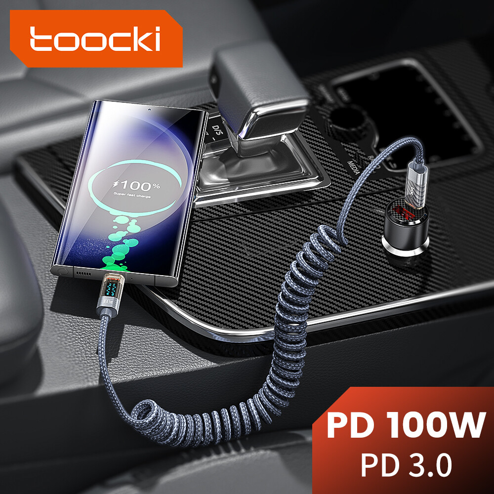 Toocki 100W Trong Suốt Loại C Để Loại C Sạc Nhanh Màn hình hiển thị kỹ thuật số Cáp 66W USB Để Loại C dữ liệu nhanh Cáp Với Mùa Xuân Có Thể Thu Vào