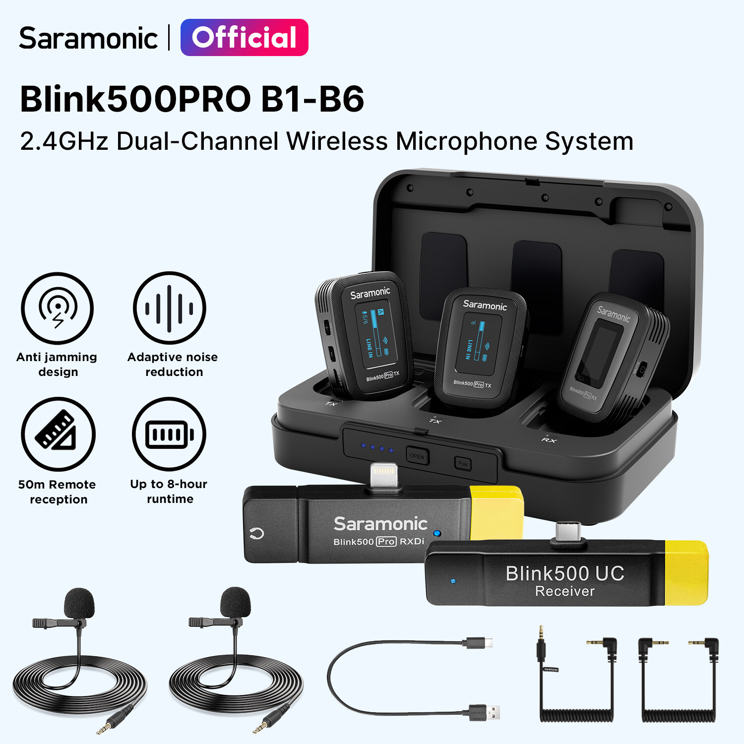 Saramonic Blink500 Pro Wireless Microphone Lavalier Mic with OLED Display Mono/Stereo Switching Clip-on Mic for Vlogging Live Streaming Recording Camera DSLR iPhone Android