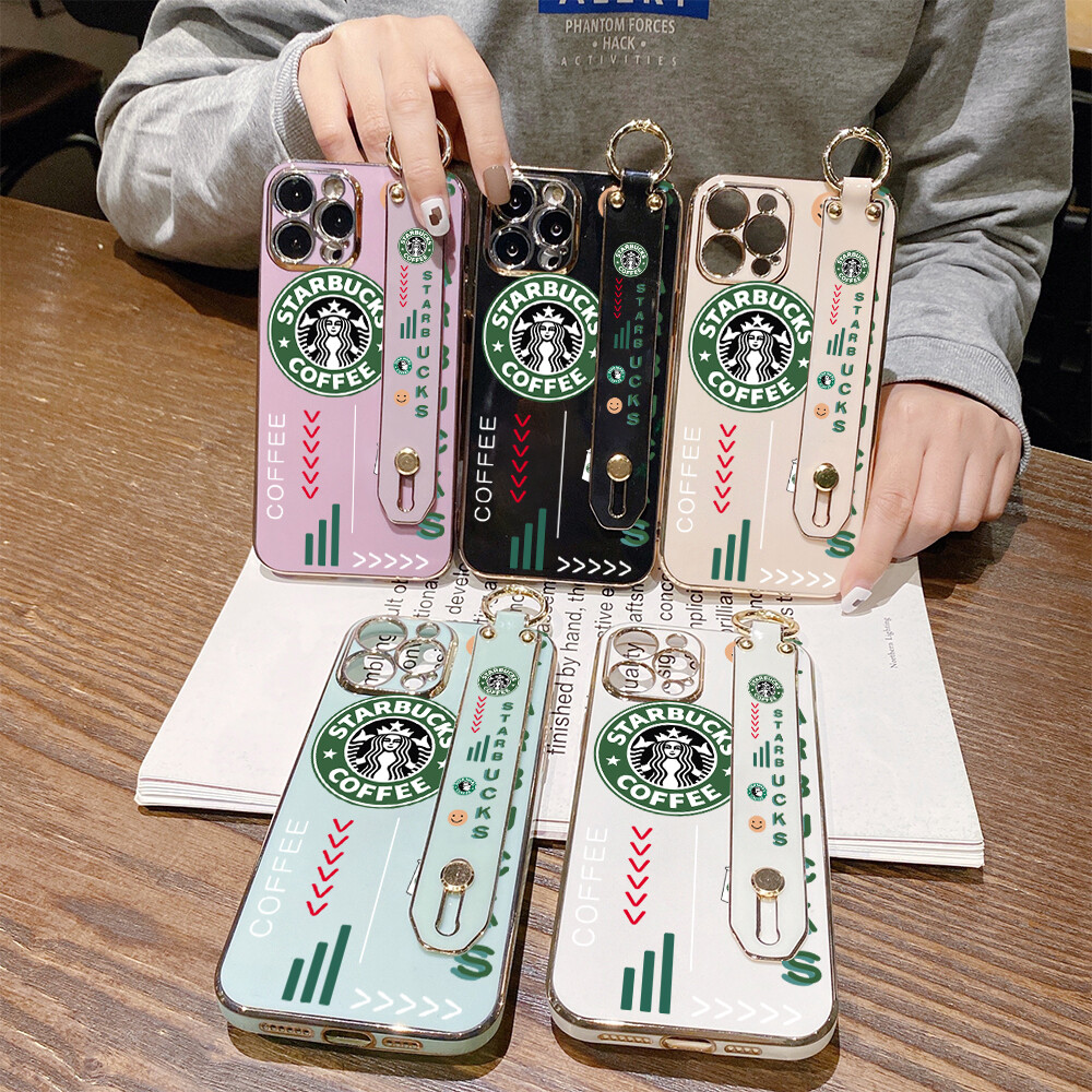 (With Wristband) Hontinga Casing Case For iphone 16 Pro Max Plus 5G 11 Pro Max 12 Mini 12 Pro Max 13 Mini 13 Pro Max Case Cartoon Cute Starbucks Luxury Chrome Plated Soft TPU Square Phone Case Full Cover Camera Protection Anti Gores Rubber Cases For Girls