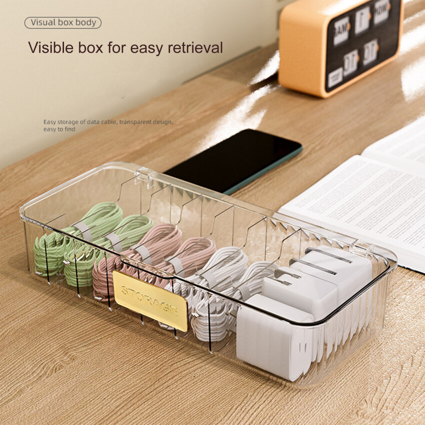 Cable Storage Box Transparent Plastic Data Line Storage Container For Desk Stationery Multifunctional Headset Data Charging Line