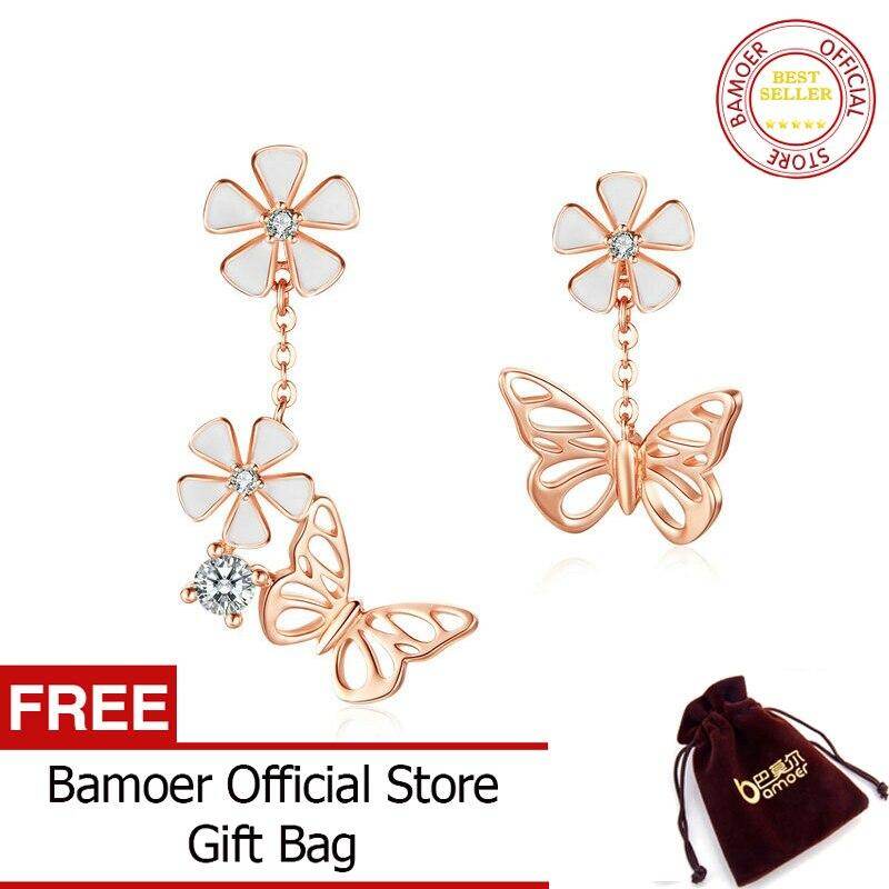 BAMOER Butterfly and Flower Earrings S925 Enamel Floral Asymmetry Dangle Earring 925 Sterling Silver Engagement Jewelry BSE100