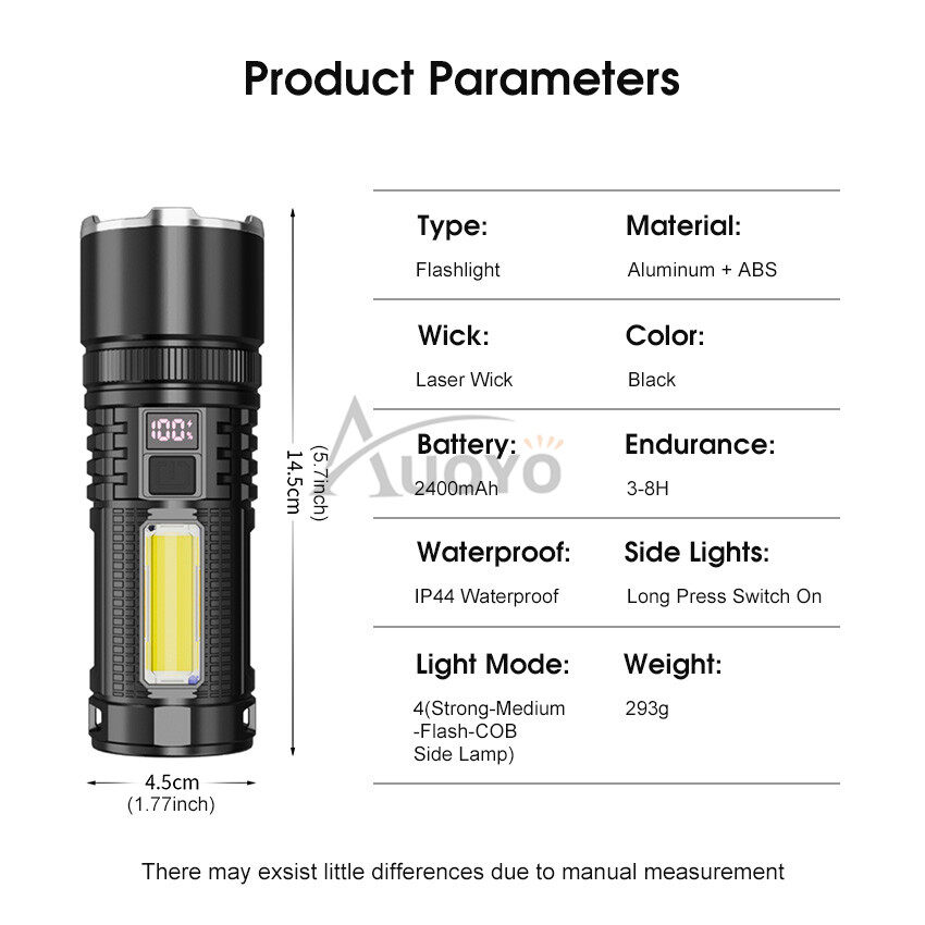 Auoyo Đèn Pin Đèn pin công suất lớn siêu sáng đèn pin dùng điện Kính thiên văn Đèn pin Focus đèn bên Đèn làm việc COB ngoài trời gia đình tiện lợi phiêu lưu cắm trại đèn khẩn cấp