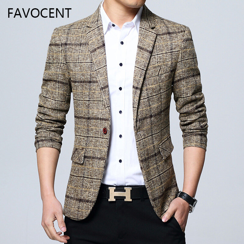 FAVOCENT Men Korean Plaid Suit Autumn Korean Fashion Slim Casual Blazer