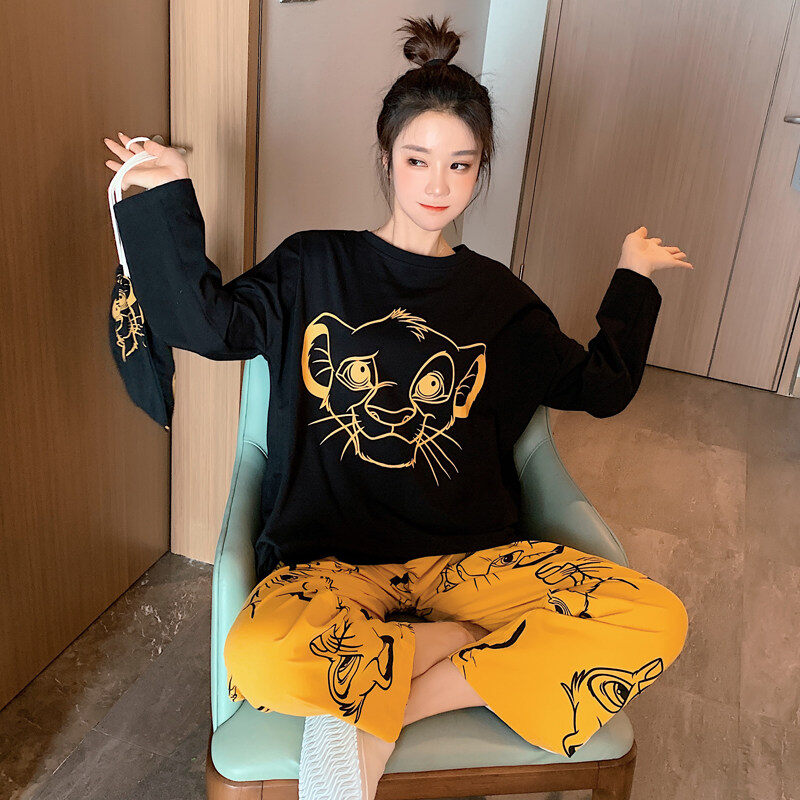 【Free bag】Sleepwear for women Cute Cartoons loose long sleeve tshirt + casual Plaid nightwear pants
