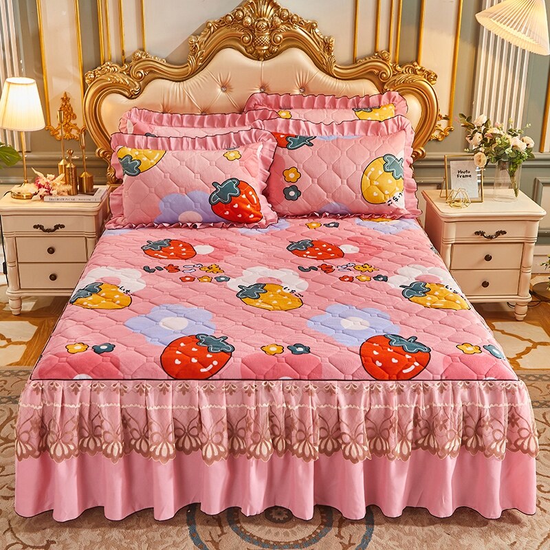 Princess Bedding Bed Skirt bedspread Pillowcases Winter Thick Warm Lace Bed Sheets Mattress Cover King Queen Size Bed Cover