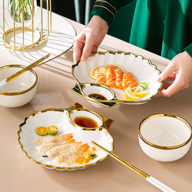 Ceramic Dumpling Plate with Vinegar Dish Household Fruit Plate Personality Tableware Shell Dish Sushi Net Sweet Potato Chip Plate and Bowl Creative Dinnerware