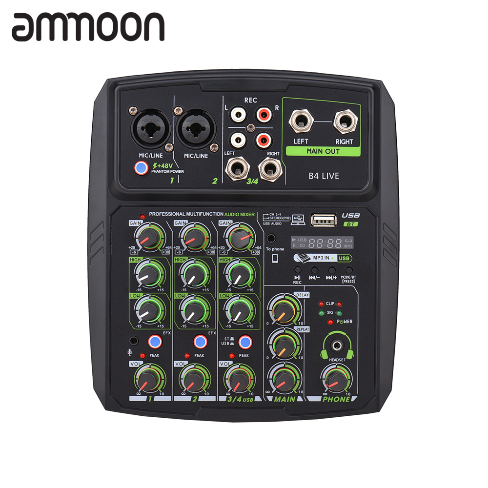 [okoogee]4-Channel Audio Mixer Mixing Console LED Screen Built-in Soundcard USB BT Connection with 2-band EQ Gain Delay Repeat Control Record Live Broadcast Function with +48V Phantom Power for Karaoke Live Broadcast