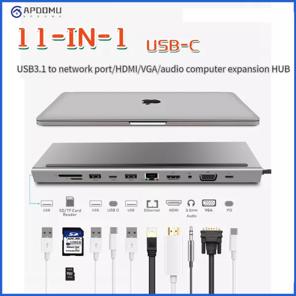 11in1 HUB 4K USB Type-C เป็น USB 3.0 TF HDMI VGA RJ45 Docking Station สำหรับ MacBook