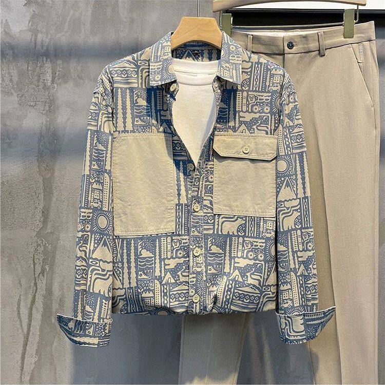 2023 New Men's Trend Fashion Vintage Printed Shirt Coat Men's Full Print Lapel Spring and Summer Top Coat Tooling Long-sleeved Shirt Coat Jacket