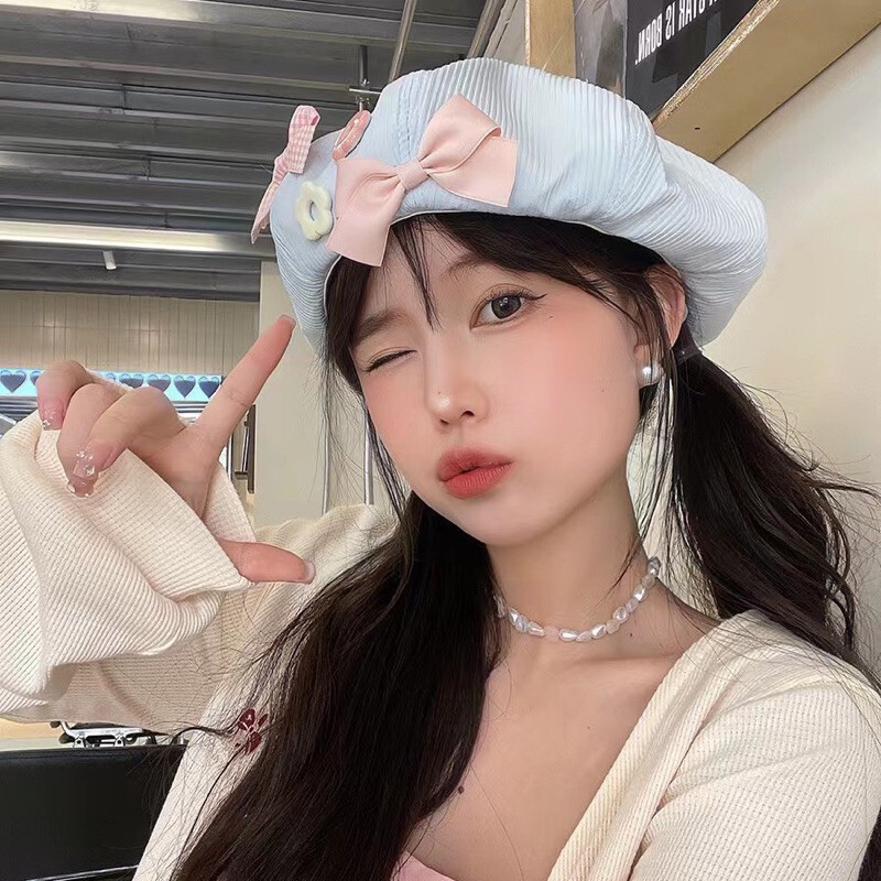 Cute, Sweet and Fashionable Women's Beret with Bow and Small Flower Beret