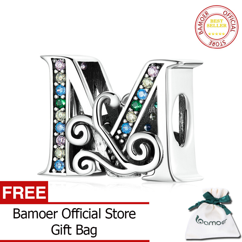 Bamoer 925 sterling silver letter vintage a m charms openwork cz alphabet beads fit charm bracelet bsc030