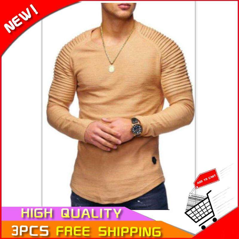 Laut Kaus Pria Striped Lipit Kaos Lengan Raglan Kaus Berkerah Bundar Panjang Pullover Sleeve【ready STOCK-Kualitas Tinggi 】
