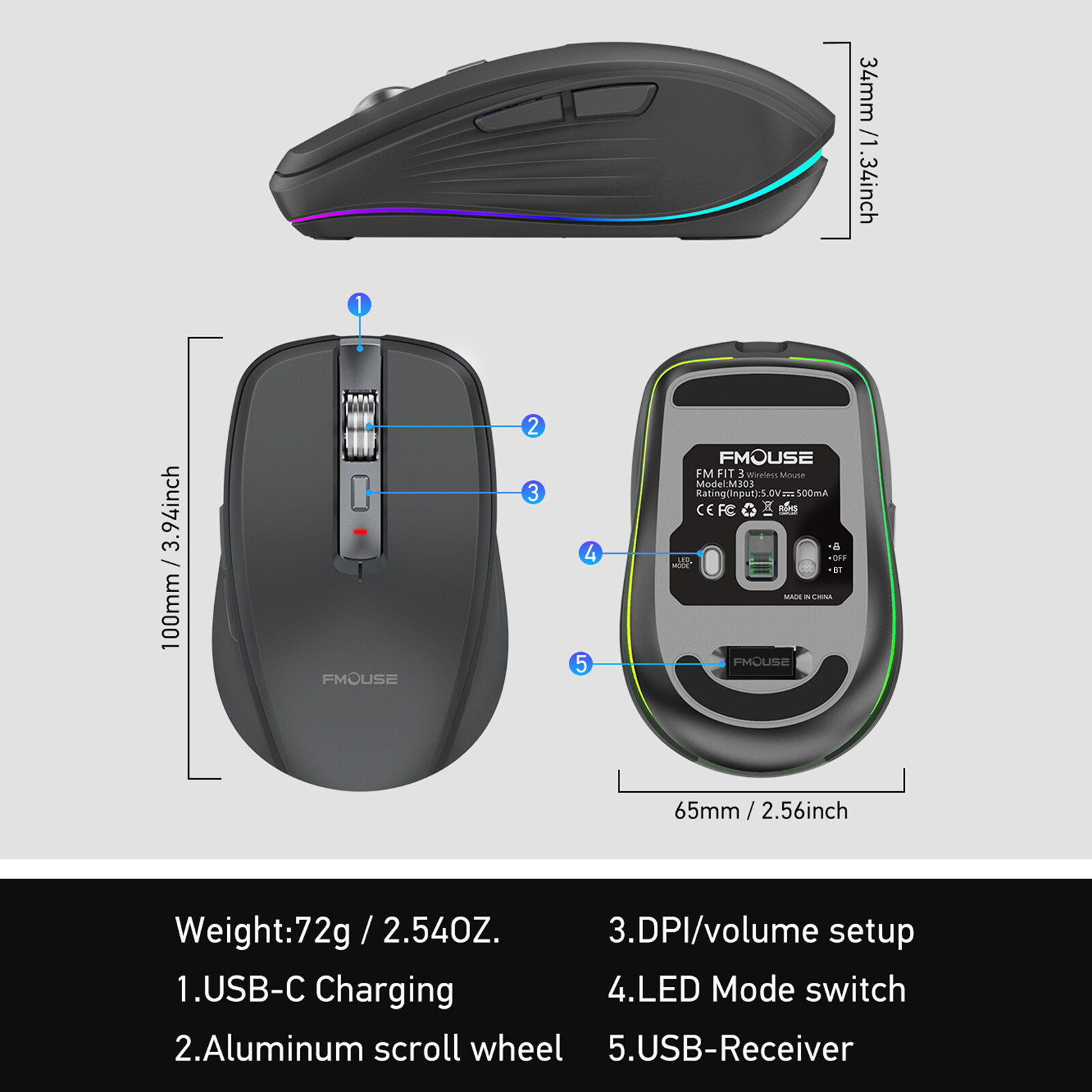 FMOUSE 2.4G+BT5.1 Dual-mode Wireless Mouse Computer Gaming Mice Ergonomic Design 4-gear Adjustable DPI Built-in Rechargeable Battery for Laptop