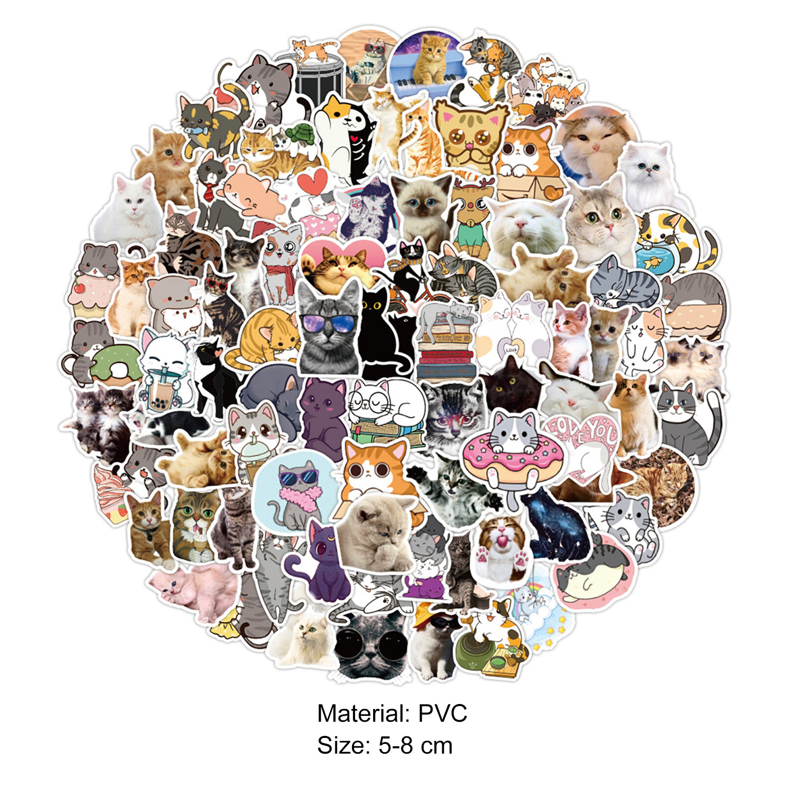 Norkee 100Pcs/Bag Cat Sticker Cute Various Patterns Self-adhesive Removable Waterproof Decorative PVC Laptop Skateboard Doodle Sticker for Kids Doodle Sticker Removable