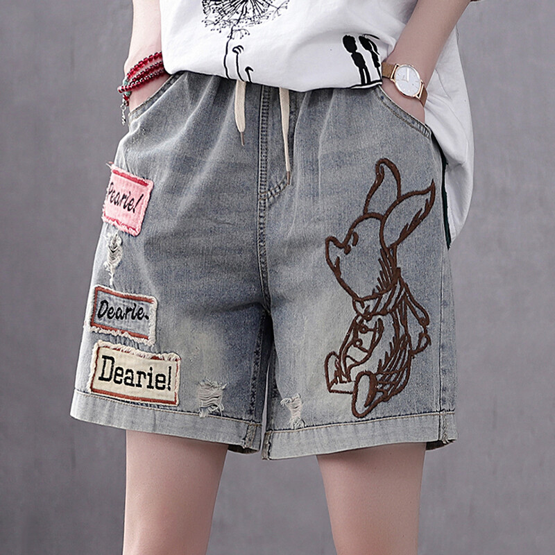 Women's Denim Short Drawstring lace up Summer New Retro Embroidery High Elastic Waist Rolled Edged Pant Patchwork Loose Street Pant