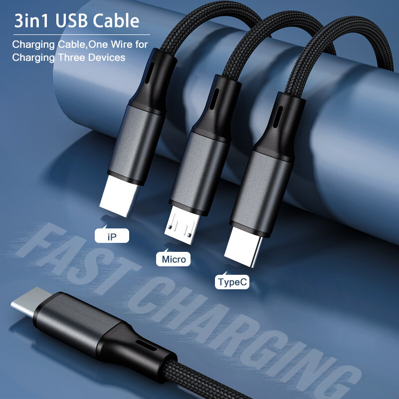 FONKEN Cáp USB 3 Trong 1 Cáp Sạc Điện Thoại Loại C Sang USB C Micro USB Cáp Sạc Nhanh PD, Dây Cáp Android Nylon Cho Điện Thoại Di Động iPhone 12 Type-C