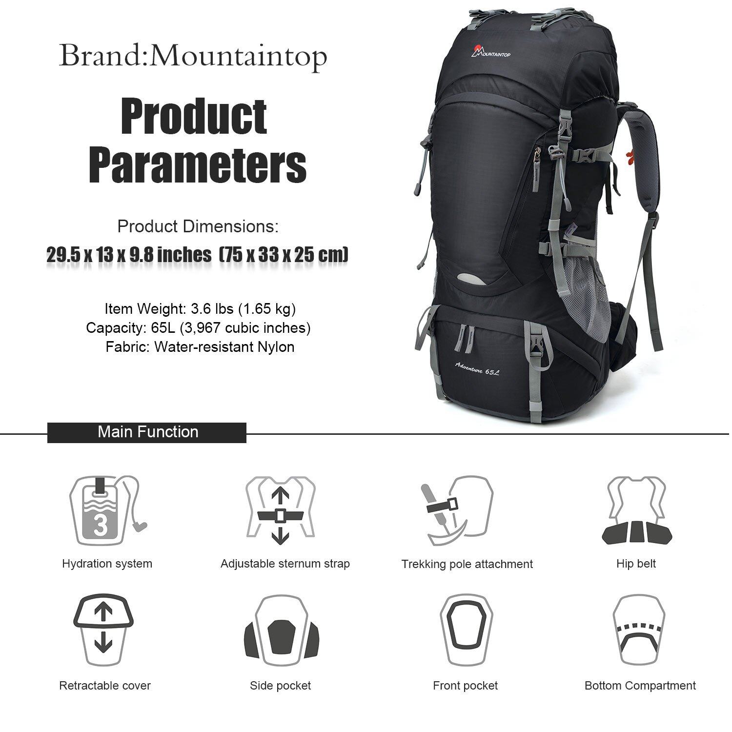 MOUNTAINTOP 65LITER INTERNAL FRAME BACKPACK HIKING BACKPACK CAMPING TRAVEL MOUNTAINEERING BAG. Lazada